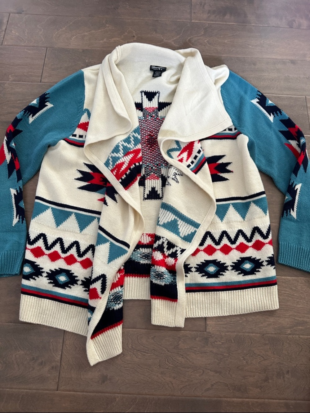Wrangler Retro Cream Teal Aztec Open-Front Cardigan